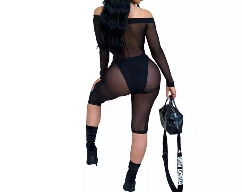 Mesh off-shoulder jumpsuit