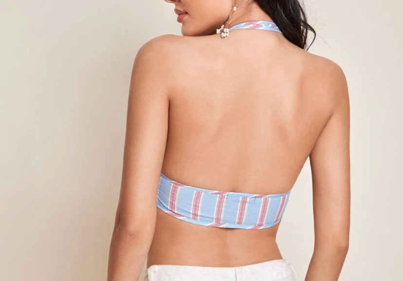 Stripe Halter Back Crop Top